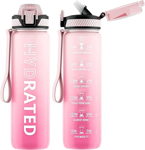 Botella de agua con pajilla, motivacional, con marcador de tiempo, de plástico Tritan, 32 onzas o 1 litro, sin BPA, deportiva, con correa de