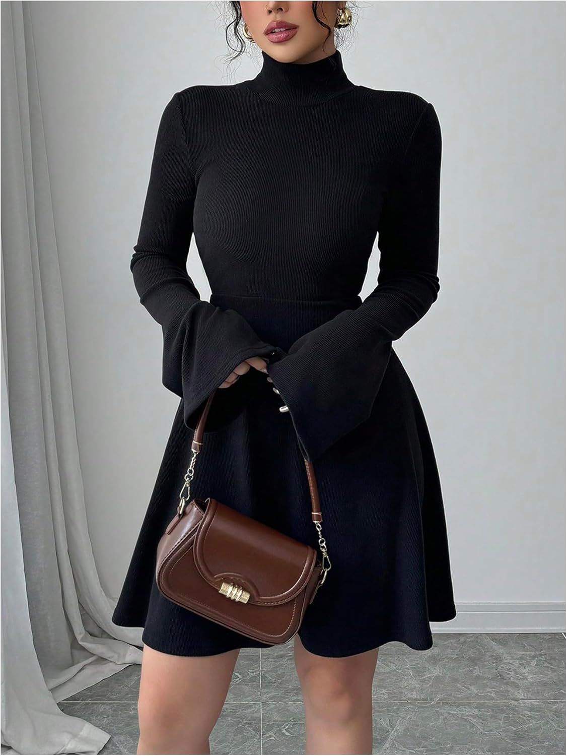 Women's Mock Neck A Line Mini Dresses Ribbed Knit Bell Sleeve Elegant Dress - Image 4