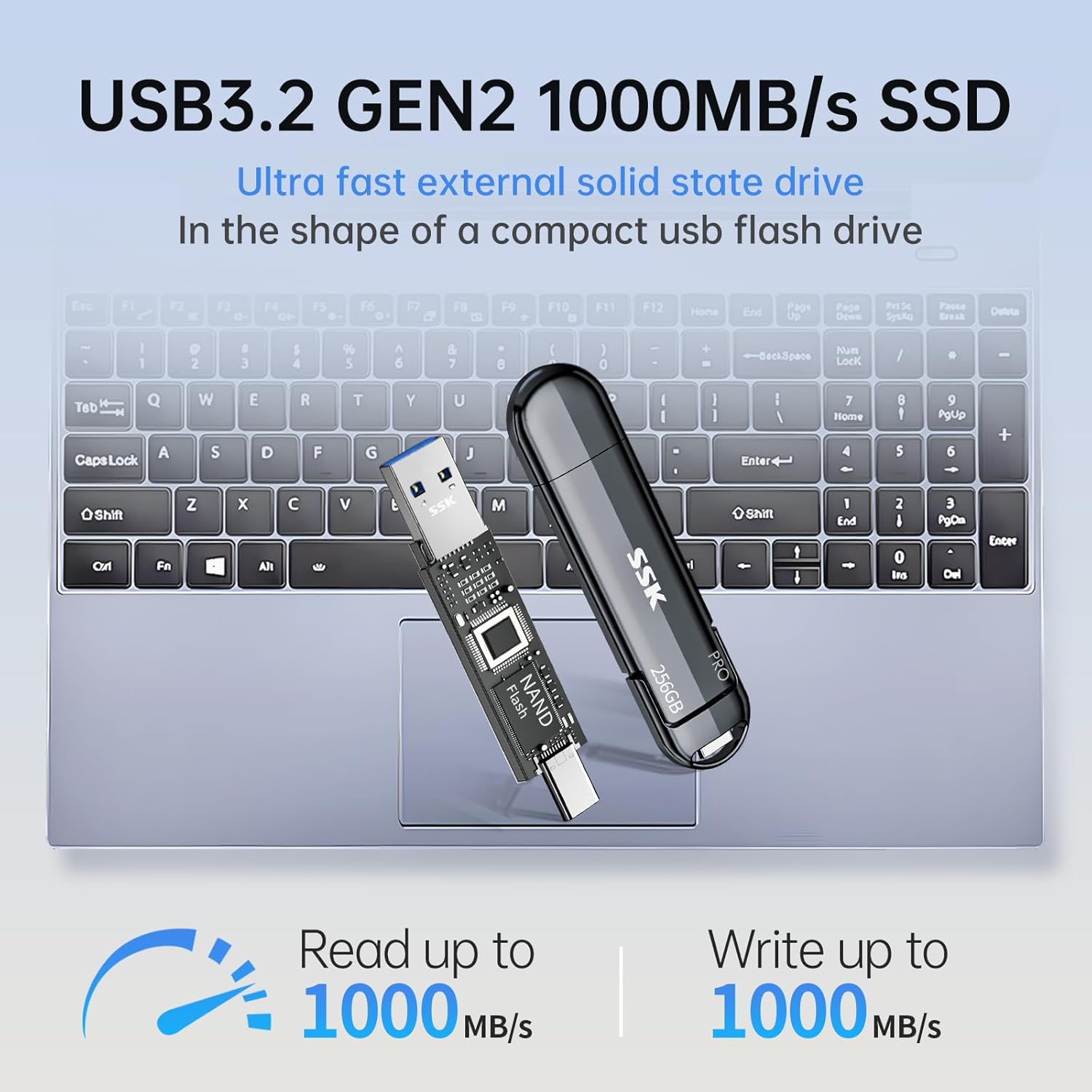SSK USB Flash Drive 256GB SSD External, TLC NAND Solid State Drive Dual USBC USBA Port, Up to 1000MB/s High-Speed Portable 256GB USB Thumb Drive Stick for iPhone 15/16/17 Pro, Mac, Android, PC Backup