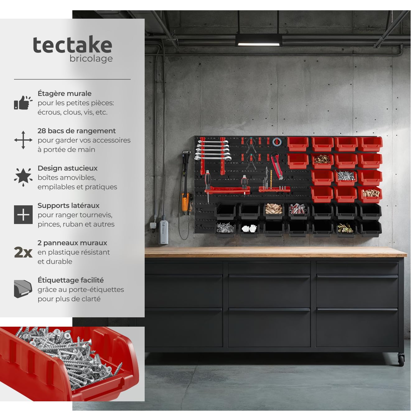 TecTake® Étagère Murale modulable 28 Boîtes de Rangement empilables & Crochets Meuble de Rangement Rangement Atelier Garage Rangement Mural de visserie & Clous Organisation du Garage