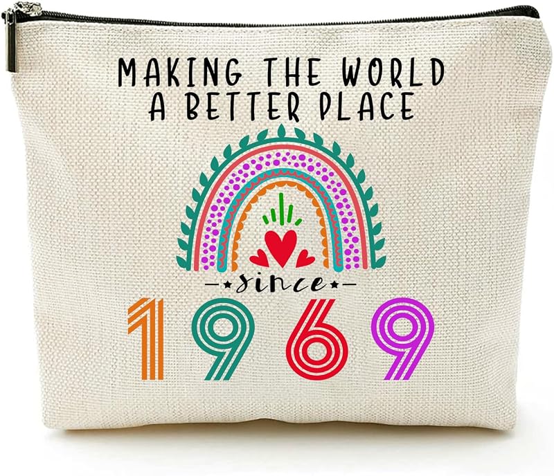 Necessaire de maquiagem Suemetic com estampa 1969, linho, zíper e forro impermeável