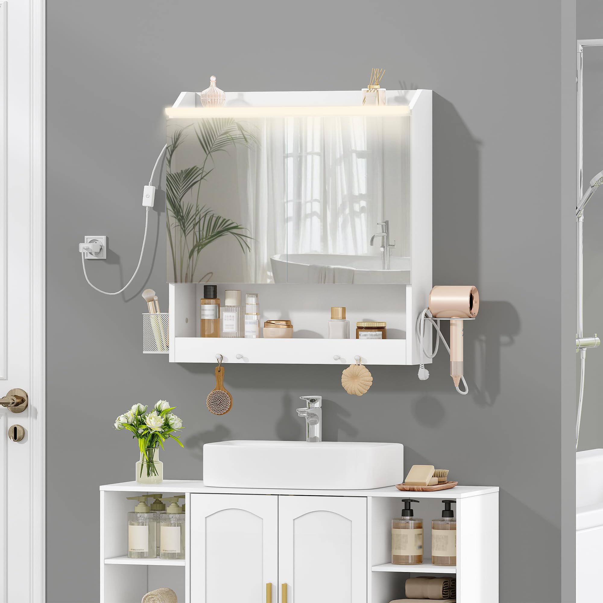 HEXCELEN 60 cm Spiegelschrank Bad, Badezimmerschrank mit Spiegel, Haken