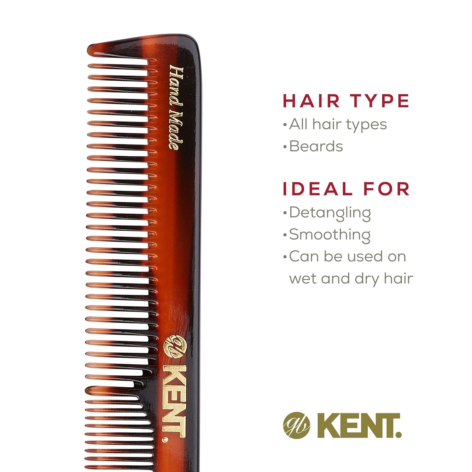 Kent 2T Fine Toot and Wide Tooth Comb For Men, Small Beard and Mustache Comb, Daily Hair Styling and Mens Grooming Combs,Handmade Saw-Cut and Polished, Made in England