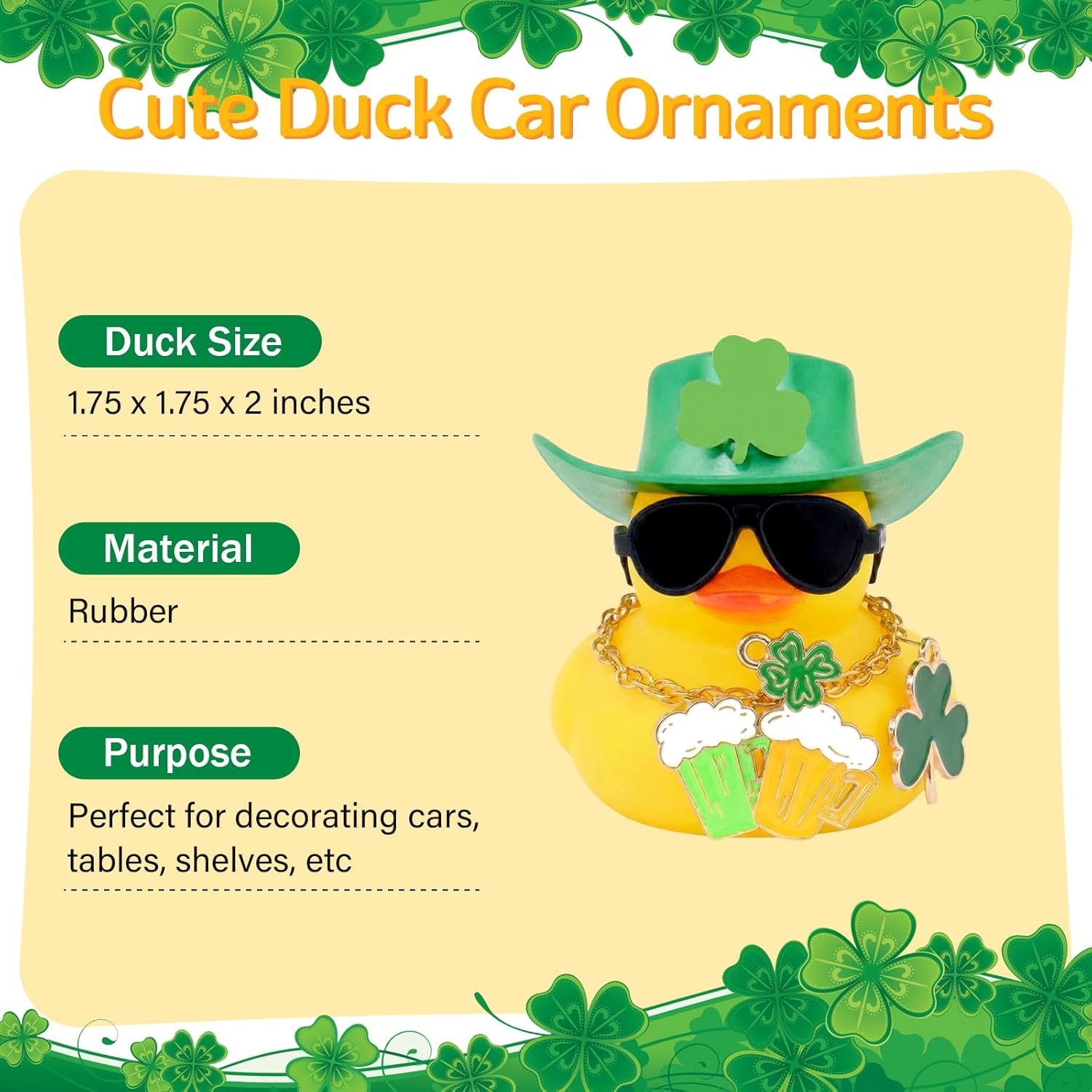 wonuu Rubber Duck St. Patrick's Day Dashboard Decorations Car Ornaments Shamrock Glitter Ducky for Car Ornament Accessories, Green Hat