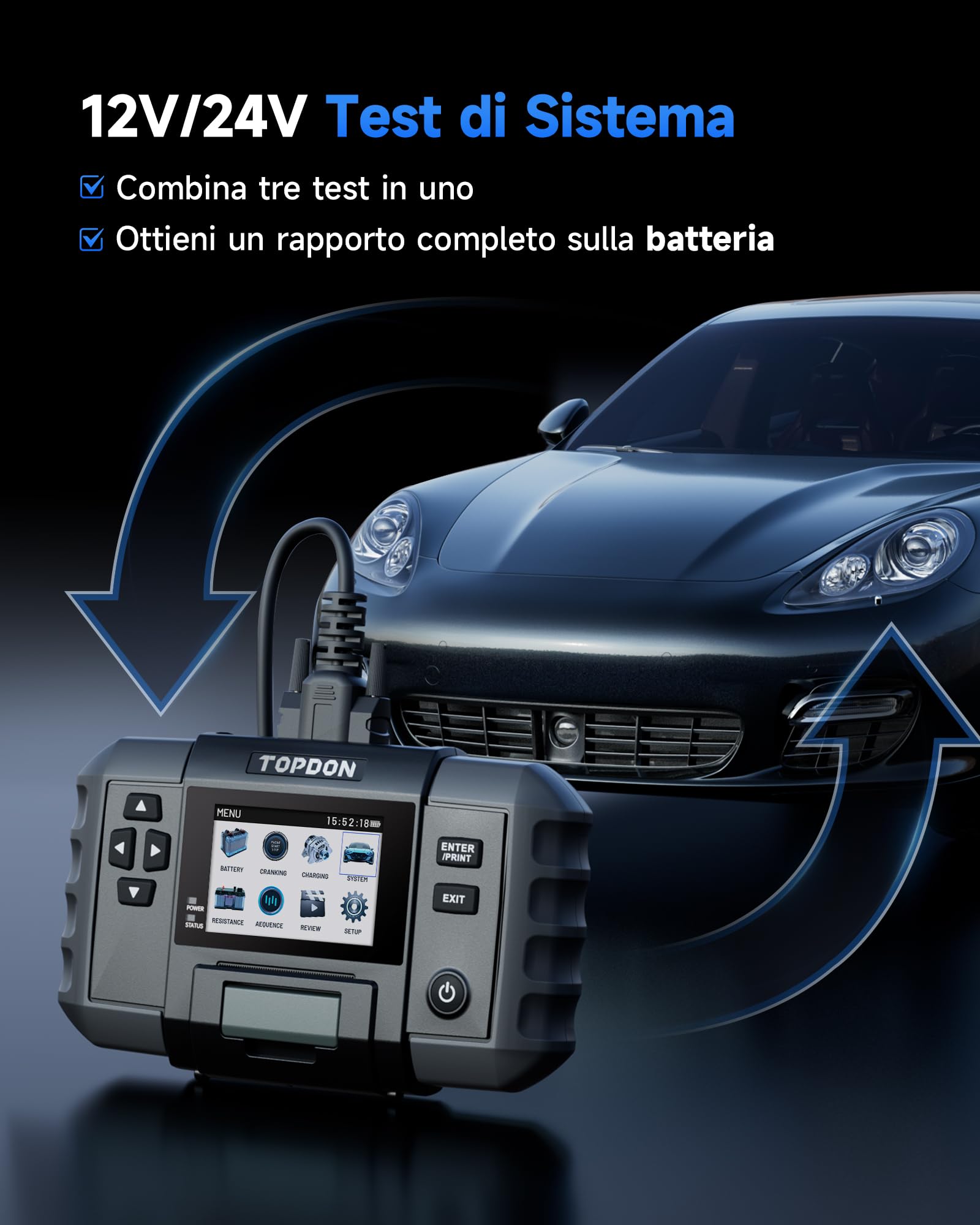 TOPDON BT600 Plus Tester Batteria Auto 6V 12V 24V, Analizzatore di Batterie, Test di Avviamento/Carica/Sistema 12V/24V, Test di Resistenza e Sequenza, Schermo 3,5" con Batteria Integrata e Stampante