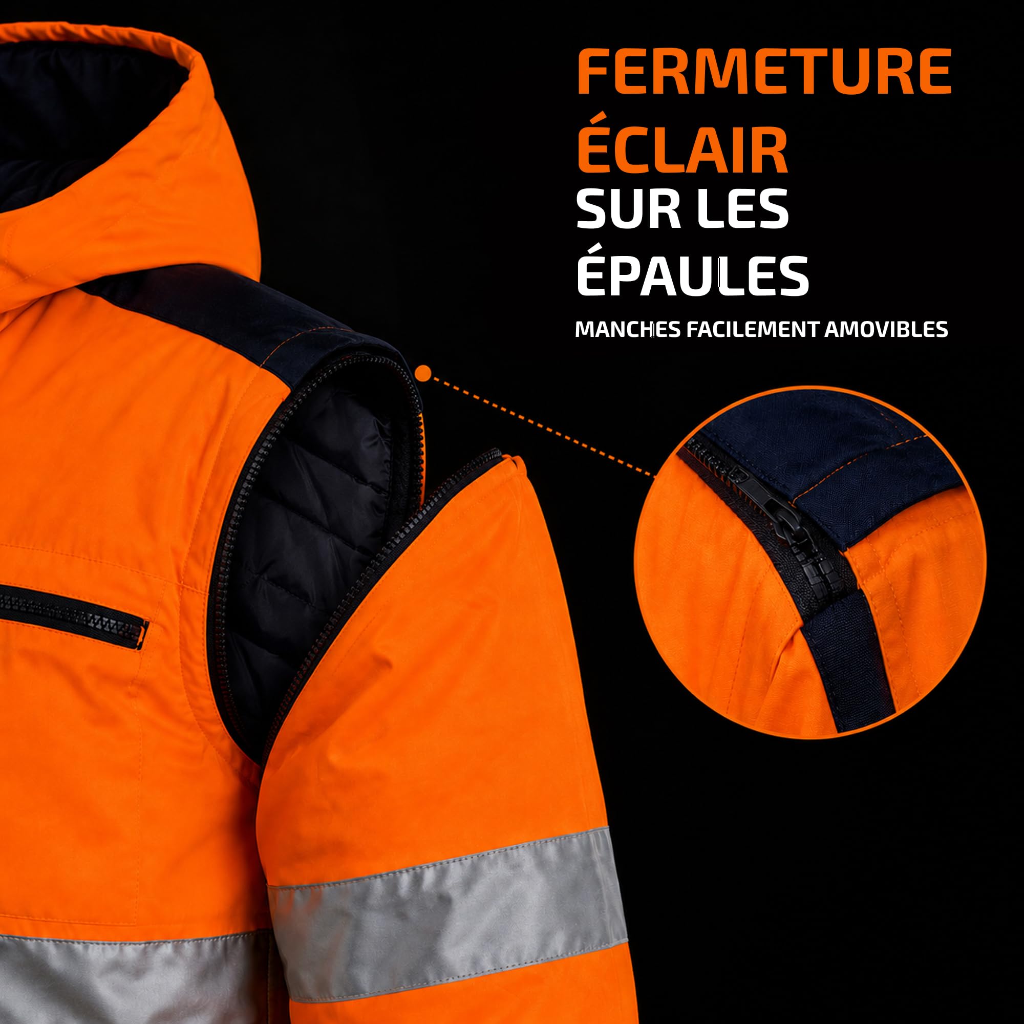 Veste haute visibilité orange avec capuche – Vêtement de travail réfléchissant EN ISO 20471 – Protection hiver avec poches multiples