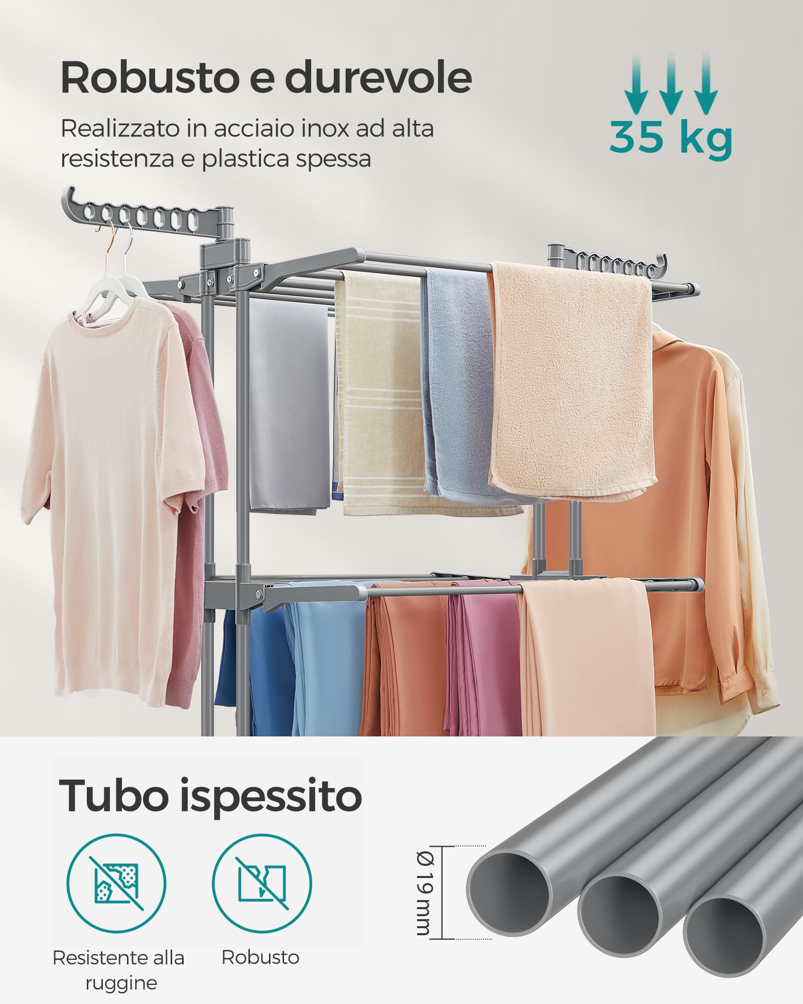 SONGMICS Stendibiancheria, Stendino Pieghevole a 4 Livelli, con Ruote e Ali Richiudibili, 63,5 x 128 x 173 cm, Capiente, Uso Interno ed Esterno, Grigio LLR701G01