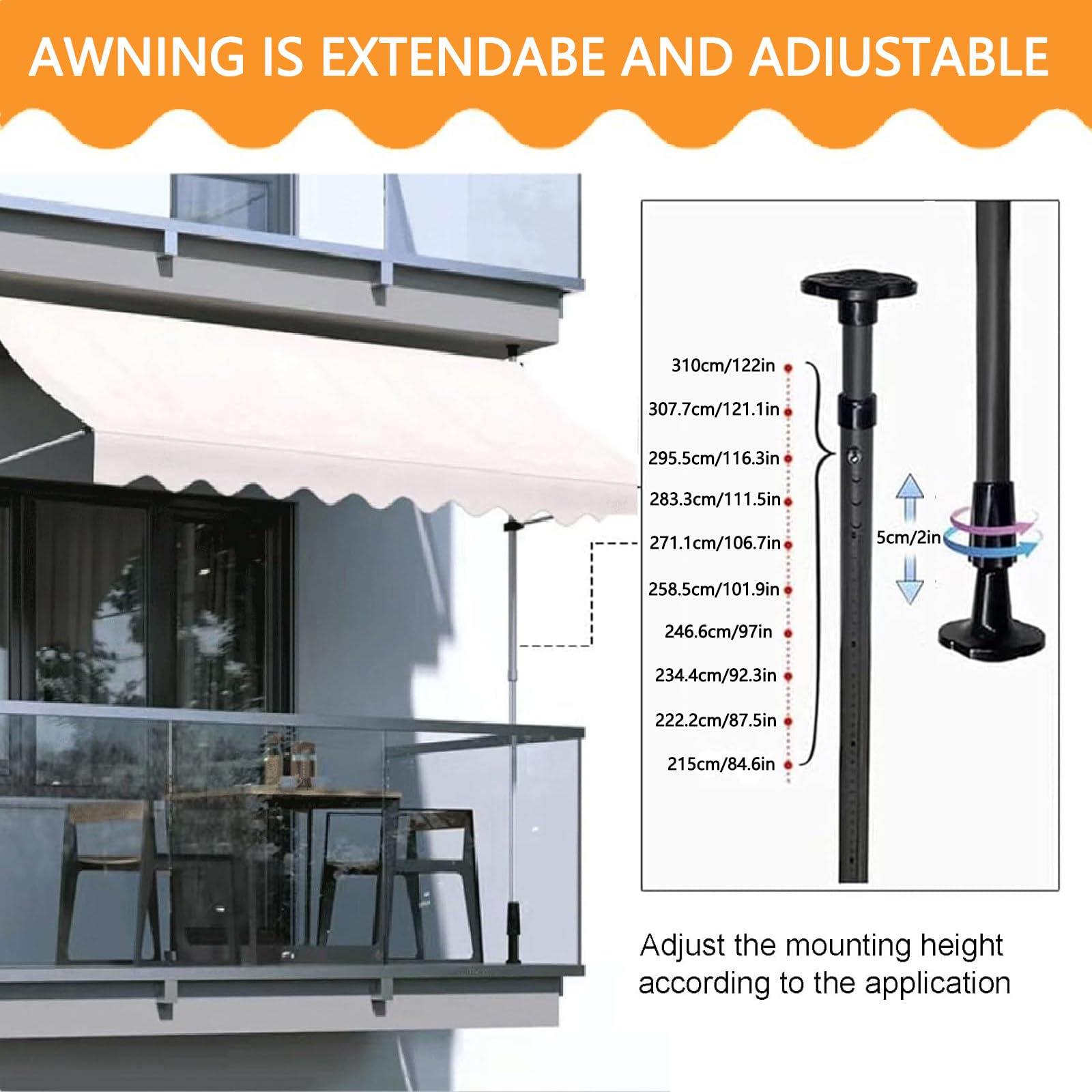 Tenda da Sole a Bracci Estensibili Pergolato da Giardino Copertura della tenTensole Manuale Retrattile per Terrazza o Balcone in Metallo e Poliestere,400cm