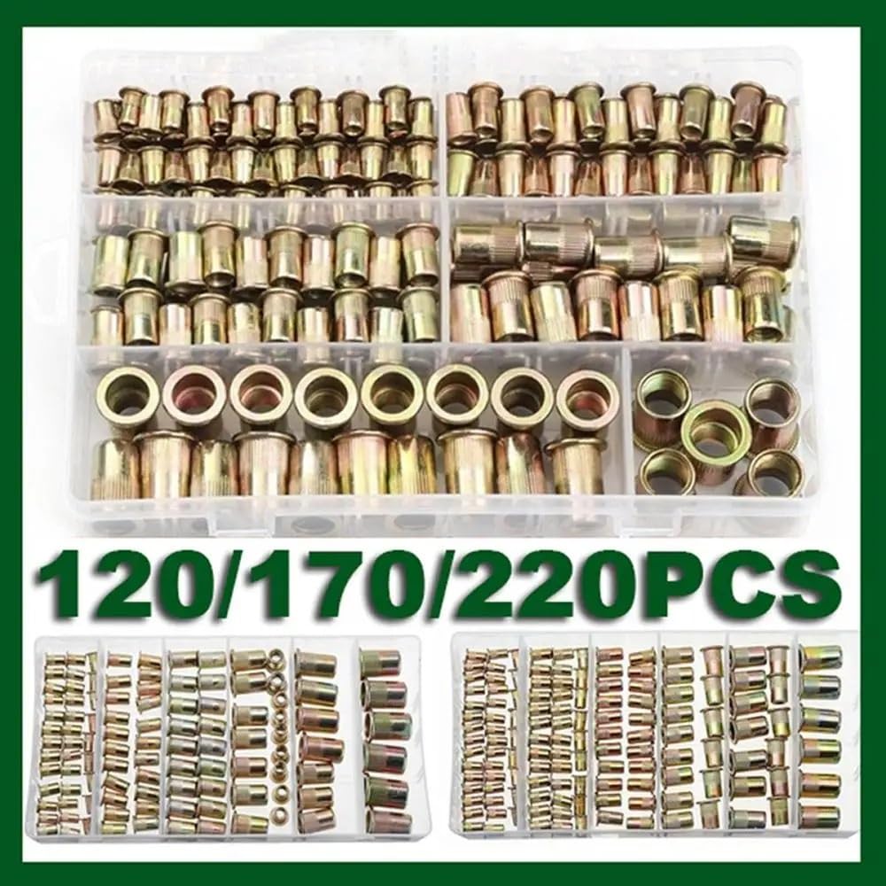 Dado Per Rivetto,Rivetti Filettati 220/170/12 0PCS. Acciaio al carbonio Dadi per rivetti Set M3 M4 M5 M6 M8 M10 Con la scatola Multi Size Inserire Dadi per rivetti di piatto testa filettata Nuts (Siz