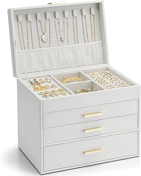 VLANDO 4 Layer Large Jewelry Box - Jewelry Holder Organizer, Jewelry Box Organizer for Drawer Necklace Ring Bracelet and Watch, Birthday Gift for Loved Ones - White