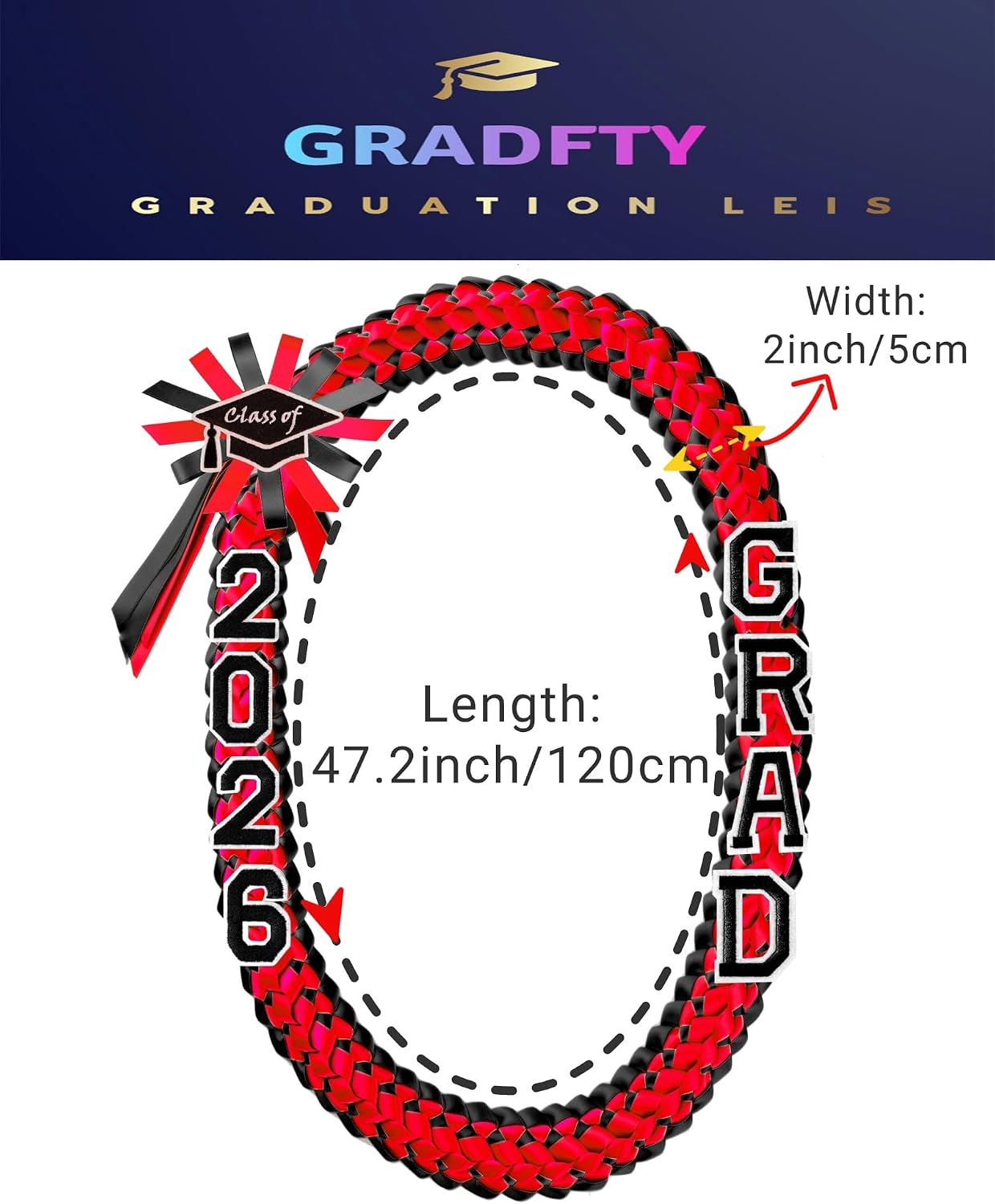 Graduation Lei 2026, Red and Black Lei for Class of 2026 Graduation Ceremony Accessory Decoration,47.2" Long
