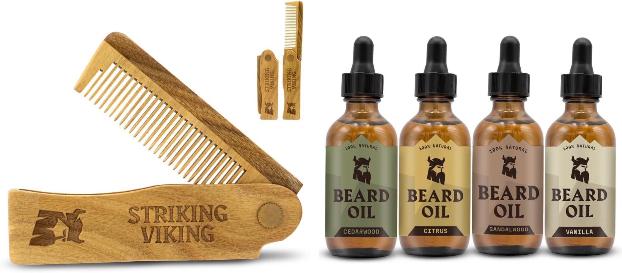 Beard Folding Wooden Comb and 4 Pack Beard Oil for Men - By Striking Vikings