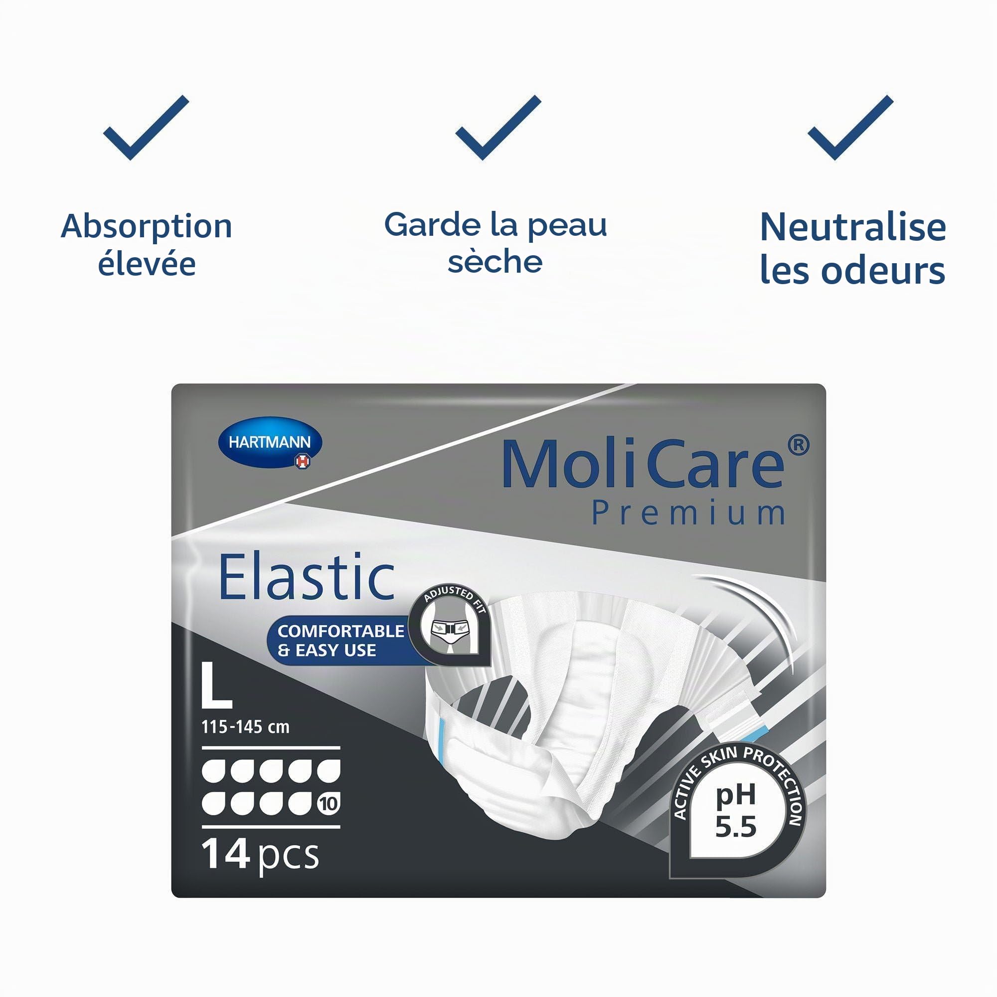 MoliCare Premium Elastic Slip : pour incontinence très sévère pour femmes et hommes ; 10 gouttes, taille L, (tour de taille 115-145 cm), 4x14 pièces