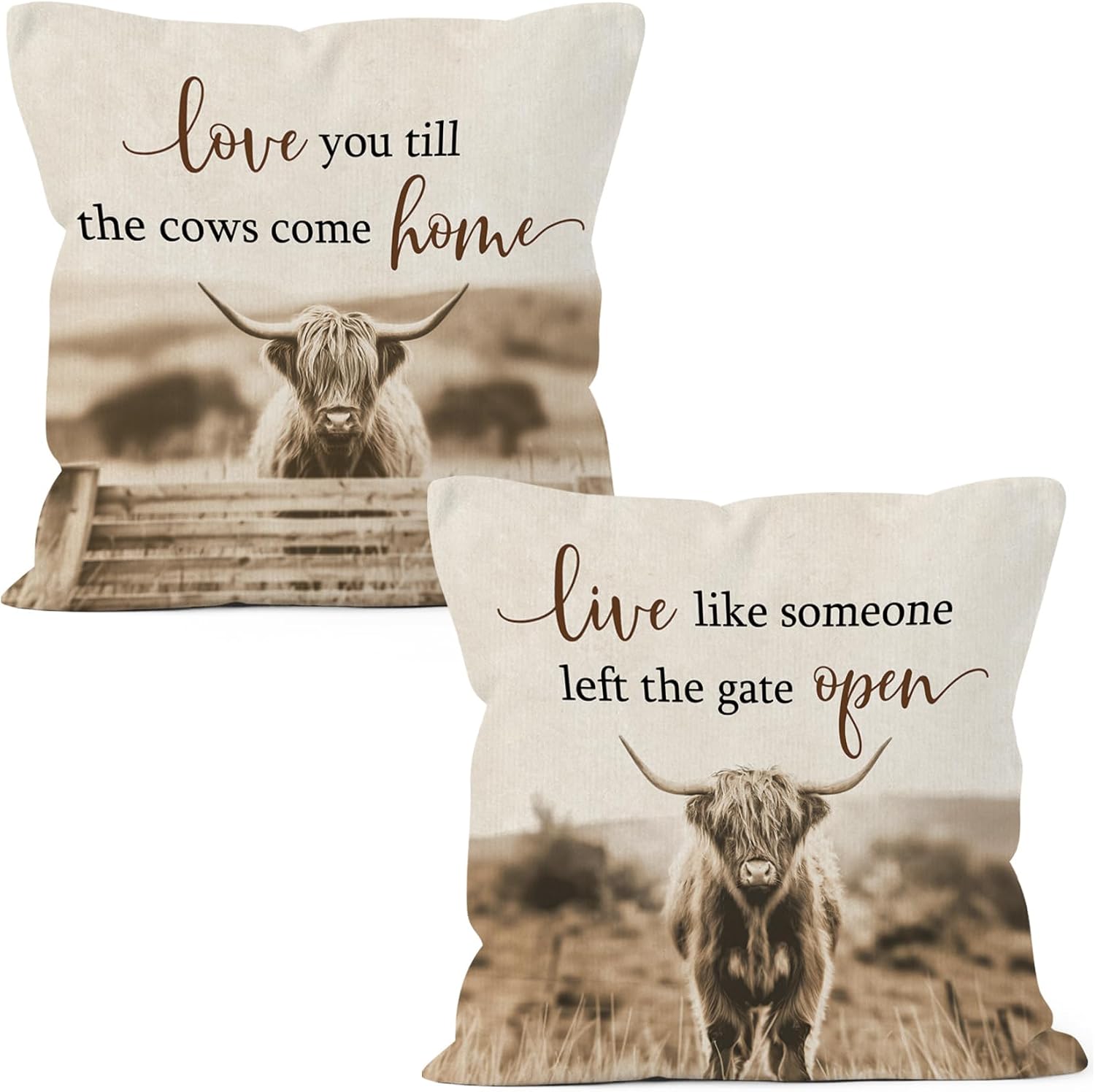 Highland Cow Farmhouse Gifts Throw Pillow Covers 18x18 Set of 2, Rustic Hyland Highland Cow Decor Pillow Cases for Bedroom Living Room, Farmhouse Decorative Pillowcases for Couch Bed Sofa