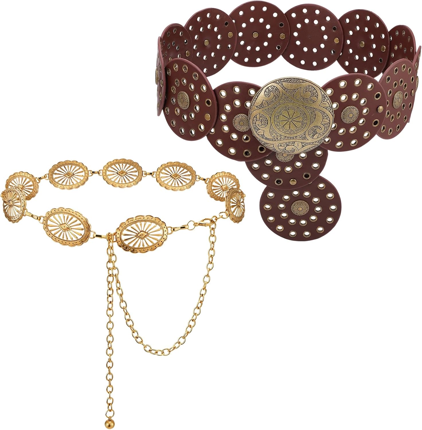 JATEBI 2 Pcs Western Concho Belts for Woman, Adjustable Boho Disc Waist Belt Cowgirl Chain Belt for Country Concert Rodeo