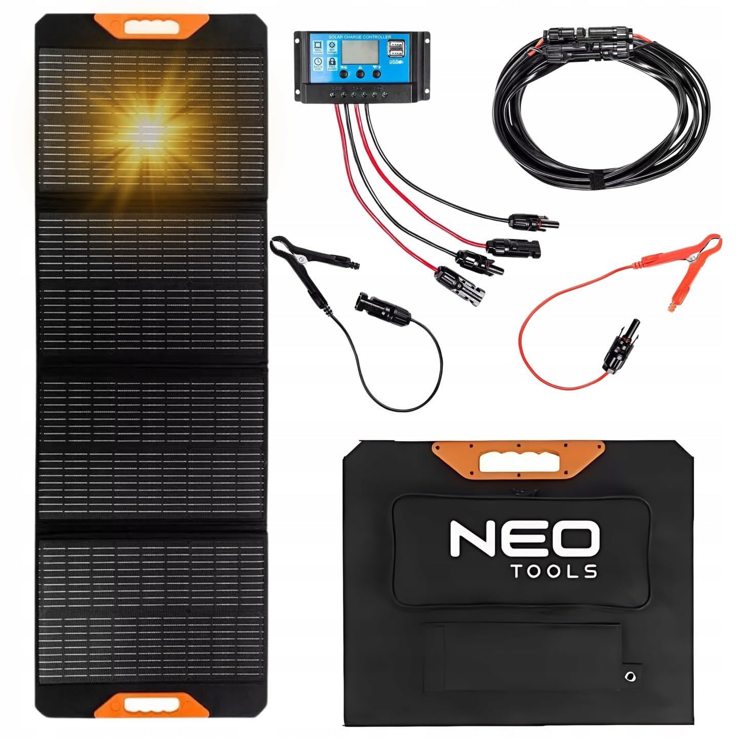 NEO TOOLS Panneau Solaire Pliable 140W 18V avec Modules Solaires -Kit, Régulateur de Charge Solaire Inclus - 2 Ports USB et Un Type C - IP64 Étanche - Léger - pour Batteries 12V - Parfait pour Camper