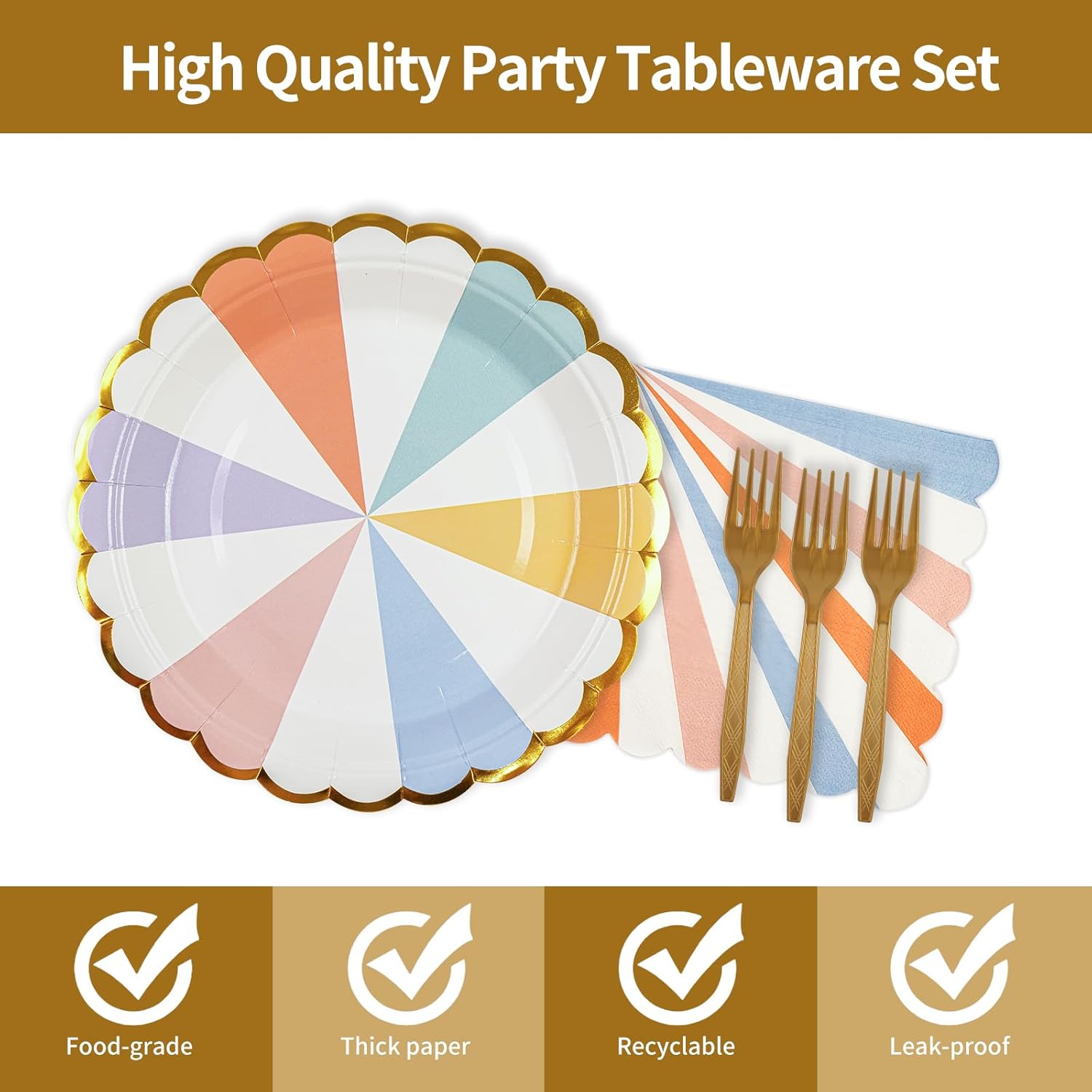 72PCS Colored Paper Plates and Napkins Party Supplies, Gold Foil Edge Scalloped Striped Pastel Plates Napkins Disposable Tableware Set for Birthday Wedding Baby Shower Graduation Party Decoration - Image 3