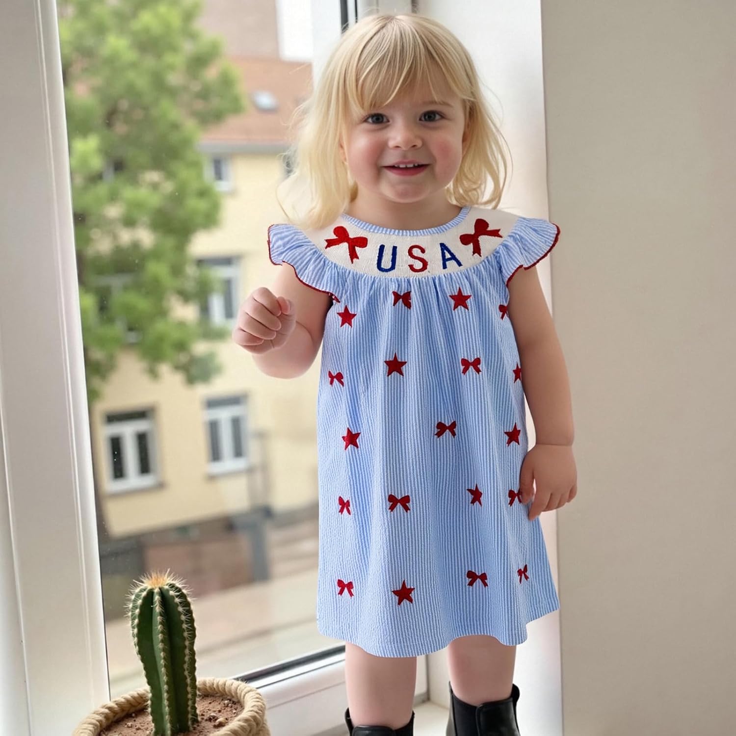 Kids Baby Girl 4th of July Outfits Fly Sleeve Bow Flag Embroidery Striped Smocked Dress Toddler Patriotic Clothes - Image 4