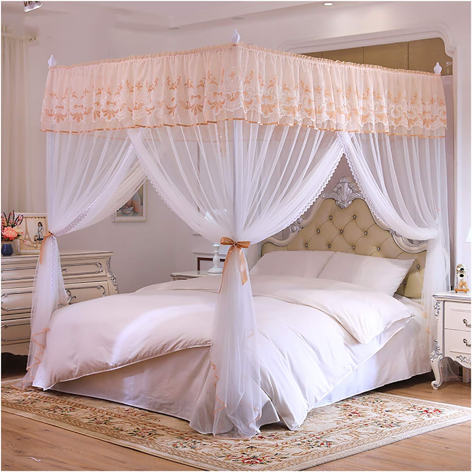 4 Corner Post Princess Bed Curtain Canopy for Girls Elegant 3 Openings Encrypted Canopy Bed Curtains Mosquito Net with Bracket/C/150X200X200Cm,C 150X200X200Cm