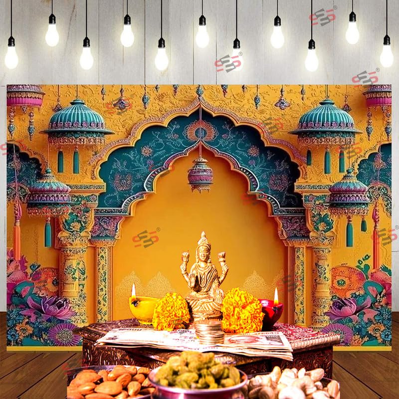 Image of S2S Yellow Arch Backdrop Cloth for Pooja Decoration Traditional, Background Decoration Cloth | Curtain Cloth for All Festival, Functions & Ceremonies - (5 x 8 Feet) (Yellow Arch)