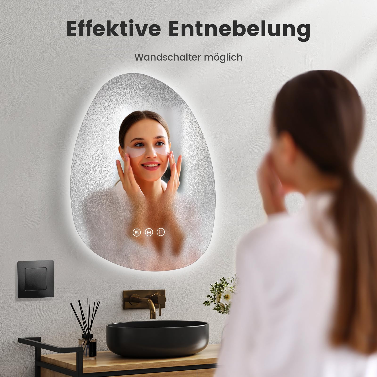 EMKE Specchio da bagno con illuminazione, 75 x 55 cm, specchio asimmetrico con touch, 3 colori di luce, dimmerabile, senza appannamento, specchio da bagno con illuminazione IP44, risparmio energetico