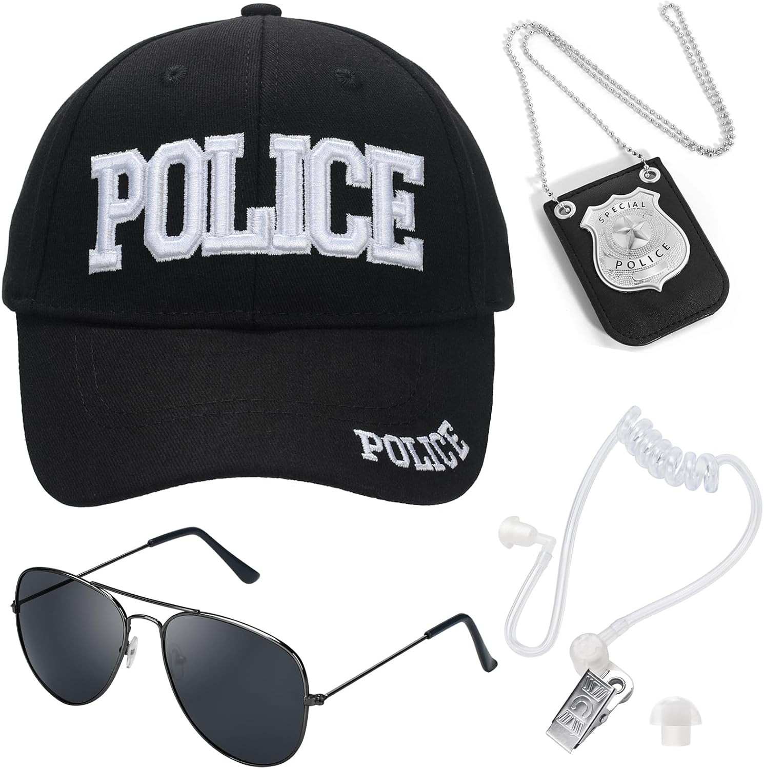 Police Hat, FBI Adjustable Baseball Cap with Cop Badge, Halloween Secret Service Costume Earpiece for Adult Men Women