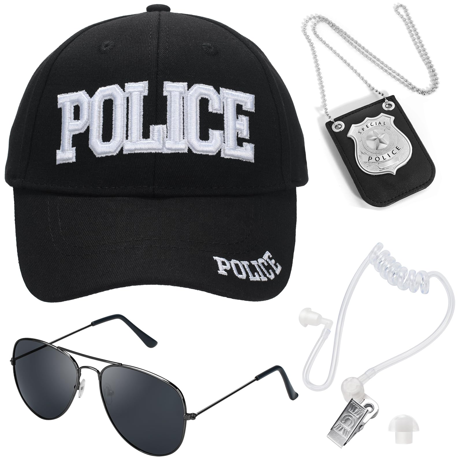 Police Hat, FBI Adjustable Baseball Cap with Cop Badge, Halloween Secret Service Costume Earpiece for Adult Men Women