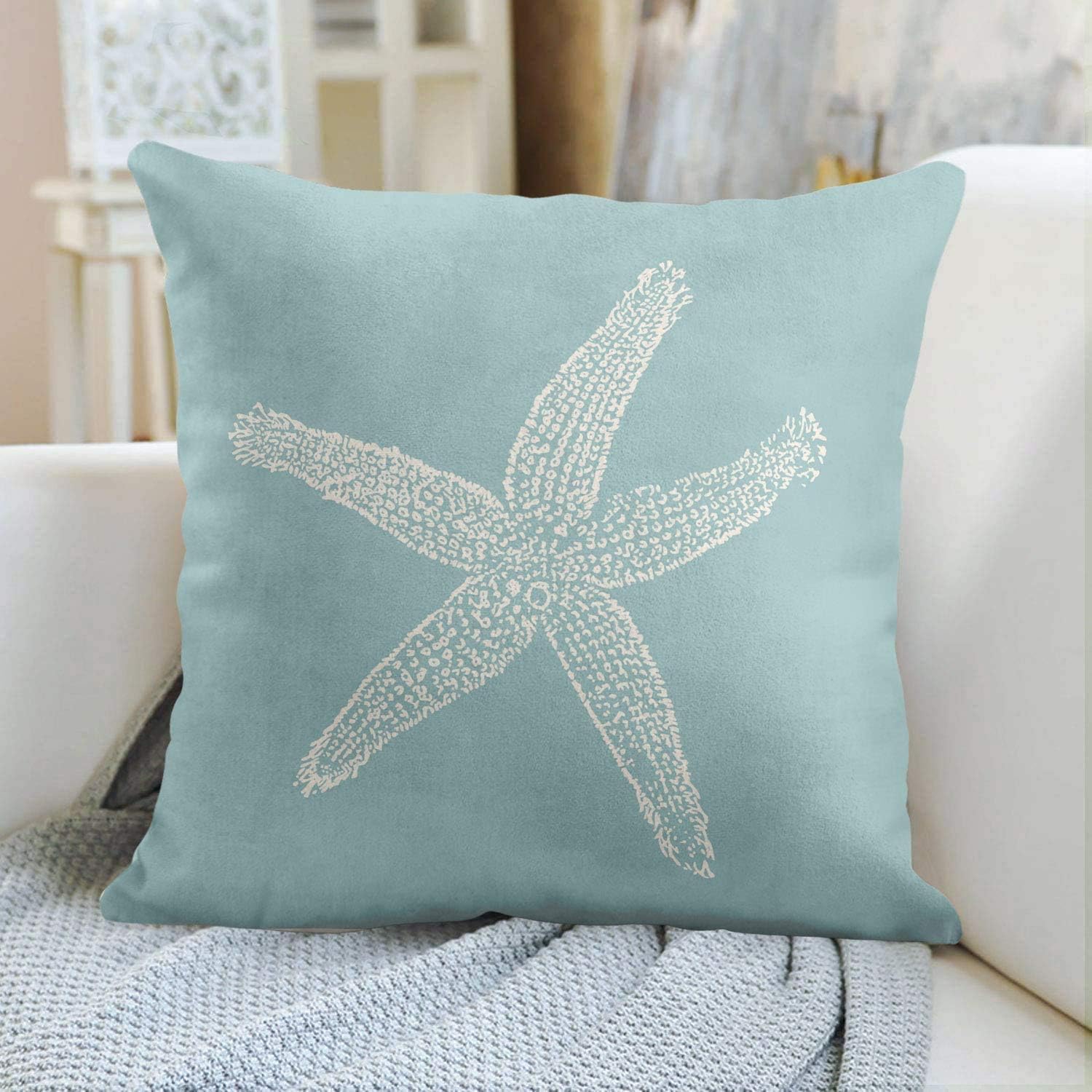 Emvency Set of 2 Throw Pillow Cover Green Star Vintage Starfish Pastel Seafoam Blue Fish Decorative Pillow Case Home Decor Square 20 x 20 Inch Pillowcase - Image 3