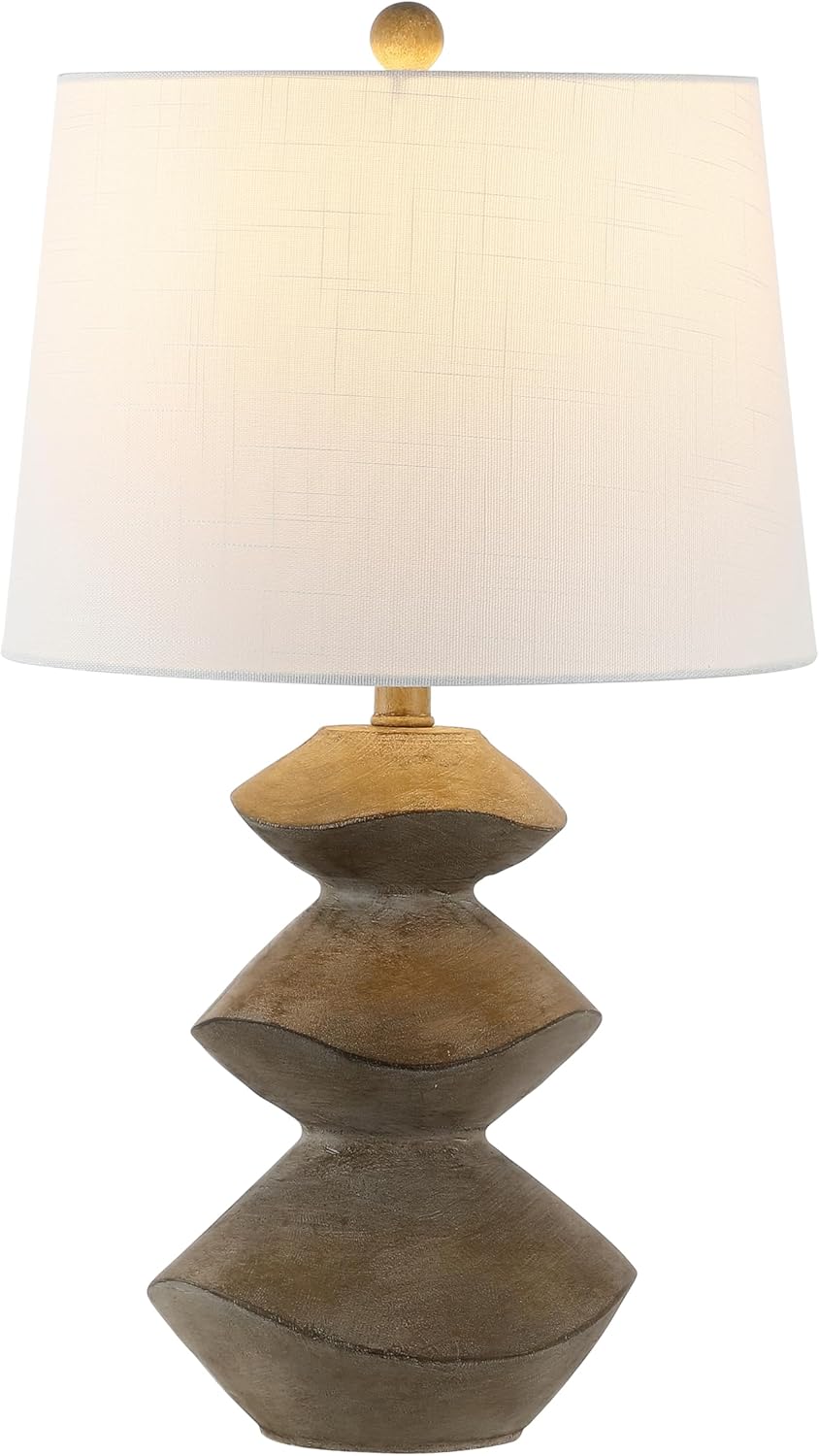 JONATHAN Y 24.5" Brown Wood Finish Coastal 3-Stack Cairn LED Table Lamp for Living Room, White Linen Shade, Rustic Mid-Century Modern Bedside Lamp for Bedroom Office JYL4061A