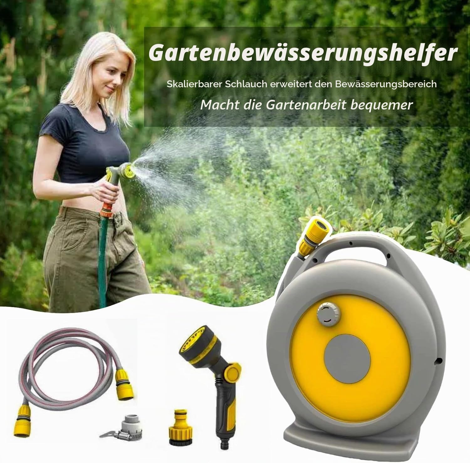 Garten Schlauchtrommel, Mobile Einziehbarer Gartenschlauch, Schlauchaufbewahrung mit 10-Funktionen-Multi-Handbrause, Schlauchaufroller für Ordentlich und tragbar, mit 15m Gartenschlauch