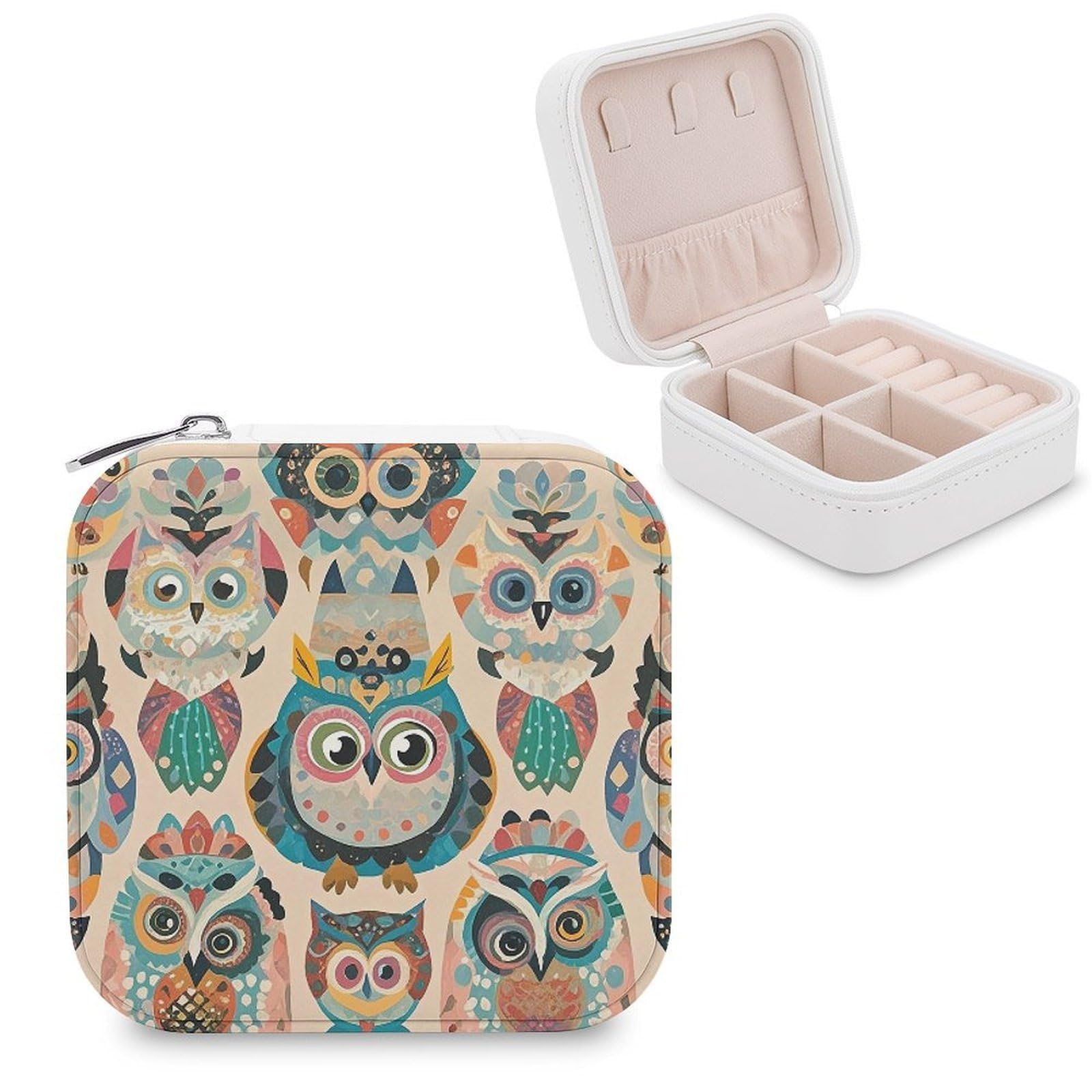FekiLoot Color Owl Pattern Travel Jewelry Box Small Jewelry Organizer Storage Case Portable PU Leather Mini Jewellry Travel Case Necklace Ring Storage Organizer Gift for Women