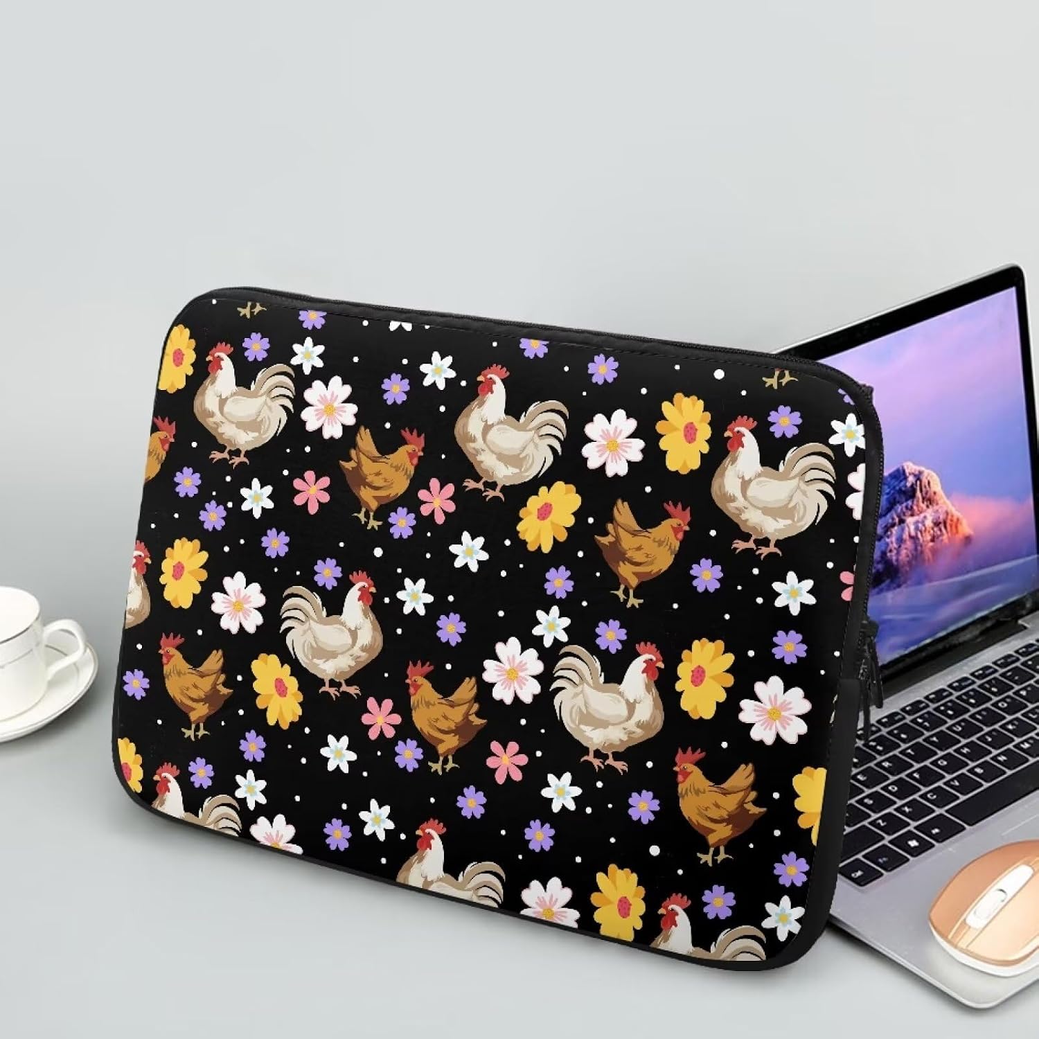 doginthehole 13 inch Laptop Sleeve Case for Women Aesthetic Floral Rooster Design Notebook Computer Bag Lightweight Slim Tablet Case Portable Computer Bag Protective Case Pouch image 2
