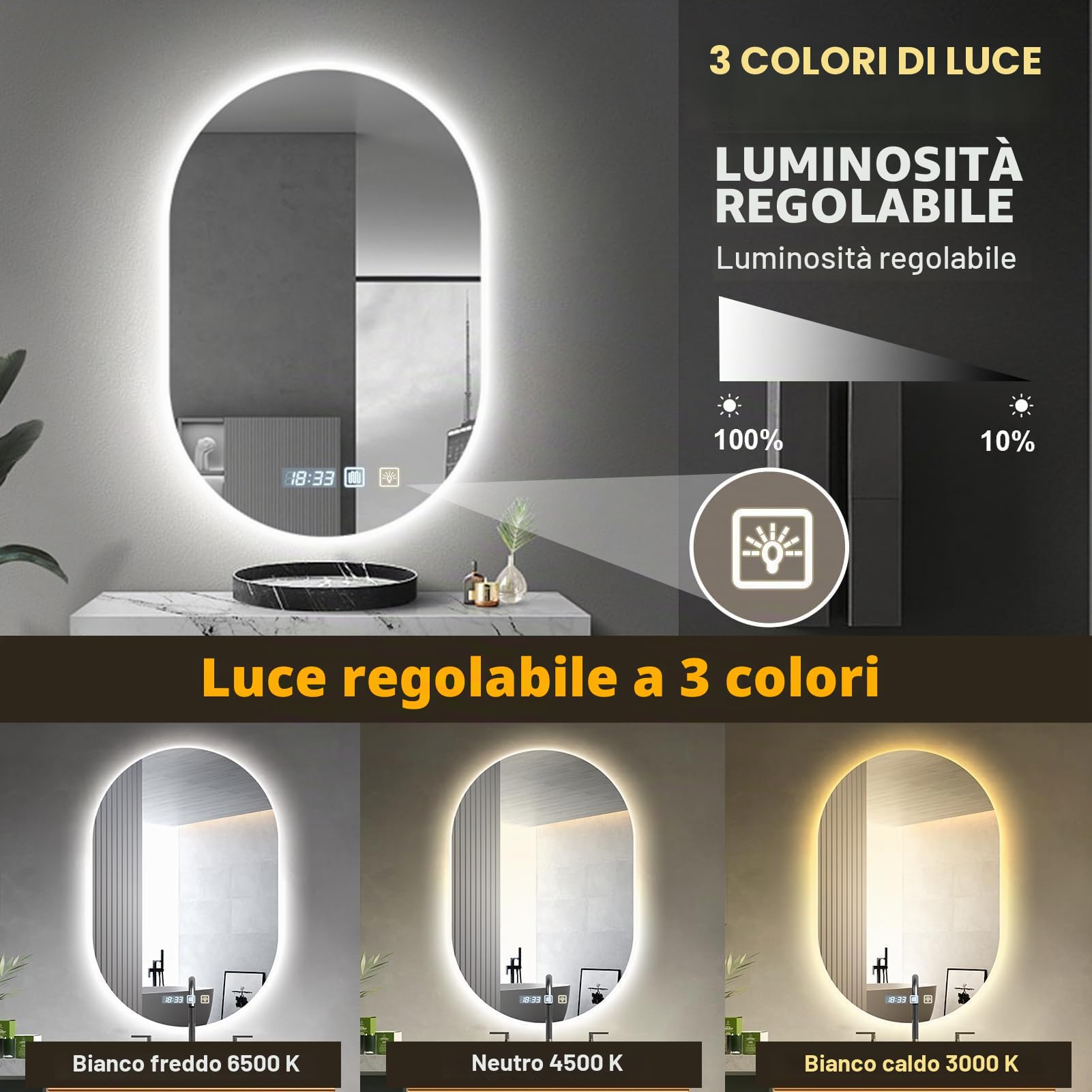 Viugreum Specchio da bagno con illuminazione 50x75cm, Specchio da bagno ovale a LED, Dimmerabile 3 colori della luce, Antiappannamento, Orologio, Interruttore touch, Specchio da bagno LED con