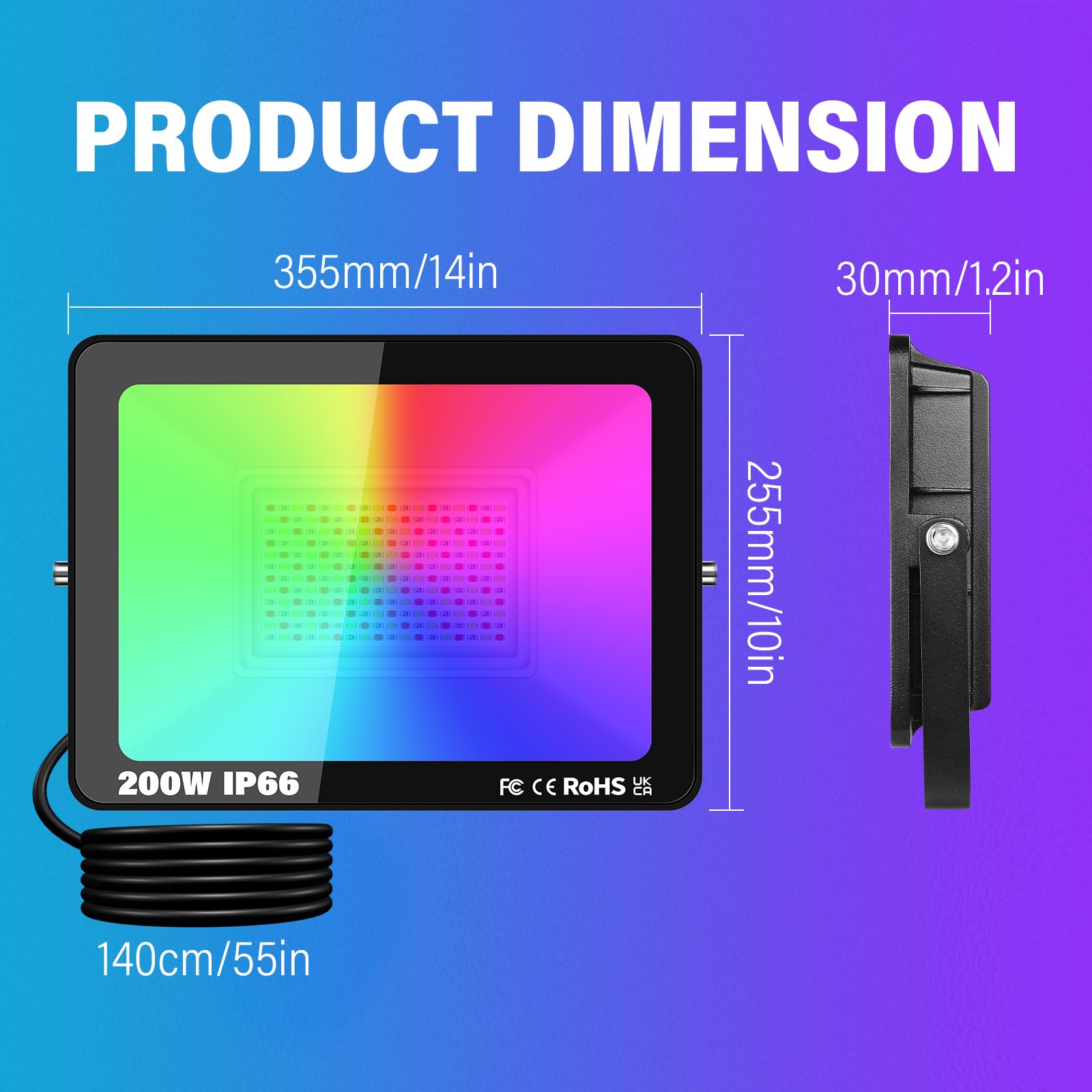 PICAA 200W Smart RGB LED Floodlight, 20000LM Outdoor +16 Million Colors, Wireless APP Control, Music Sync, Timer, Scene Modes - Image 2