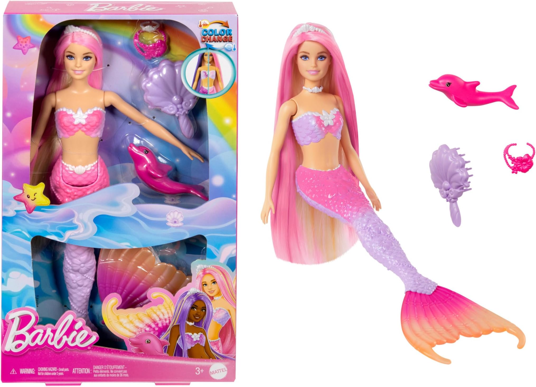 Mermaid Doll, “Malibu” with Pink Hair, Styling Accessories, Pet Dolphin and Water-Activated Color Change Feature, HRP97