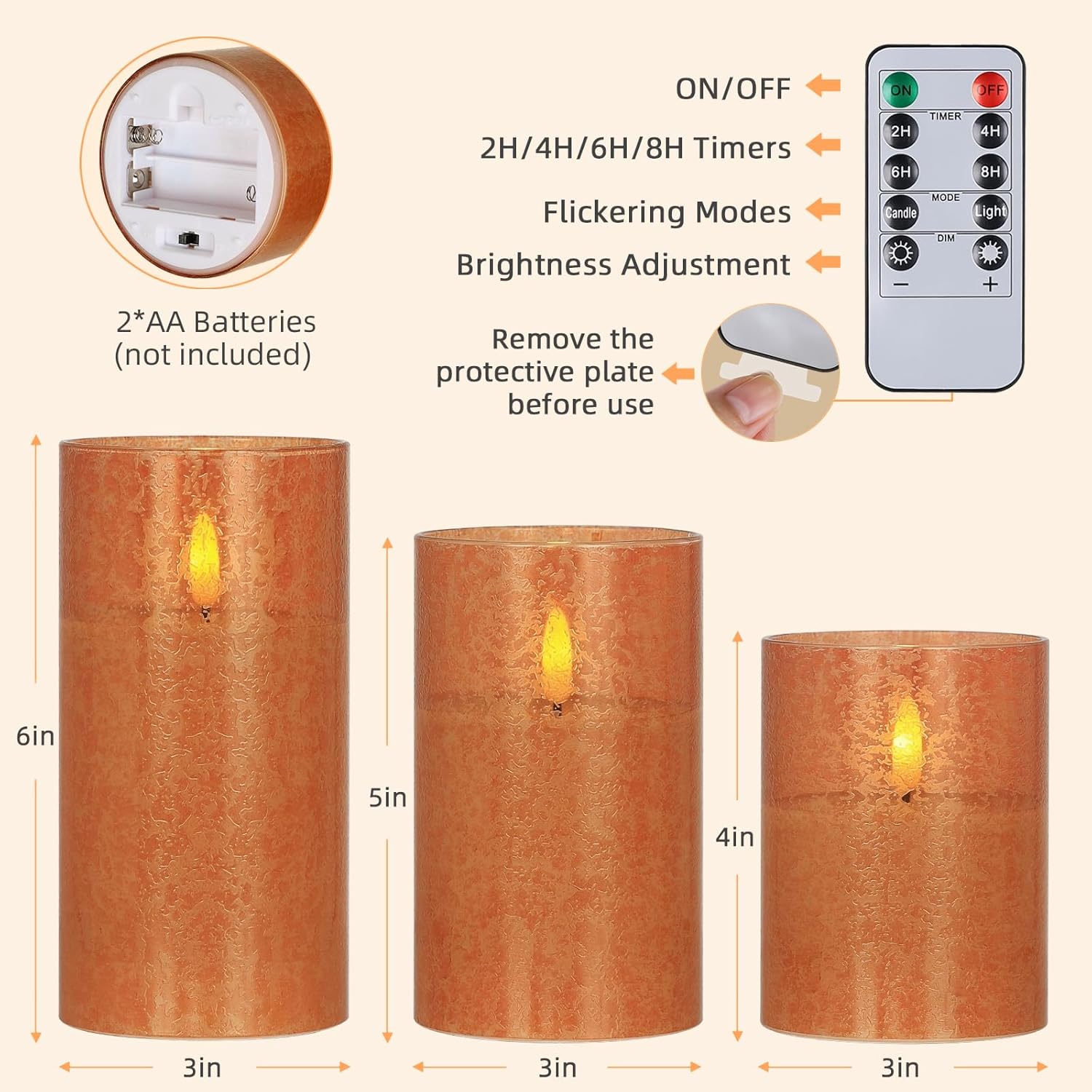 Flameless Candles with Remote, 3D Wick Realistic LED Candles Flickering, Real Wax in Glass Orange Fake Candles for Wedding Party Festival Home Decor Gifts
