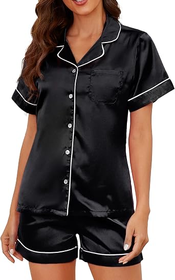 U2SKIIN Silk Pajamas for Women Shorts Set, Short Sleeve Women Satin Pajamas Sleepwear Button Down Pjs Set Two-piece