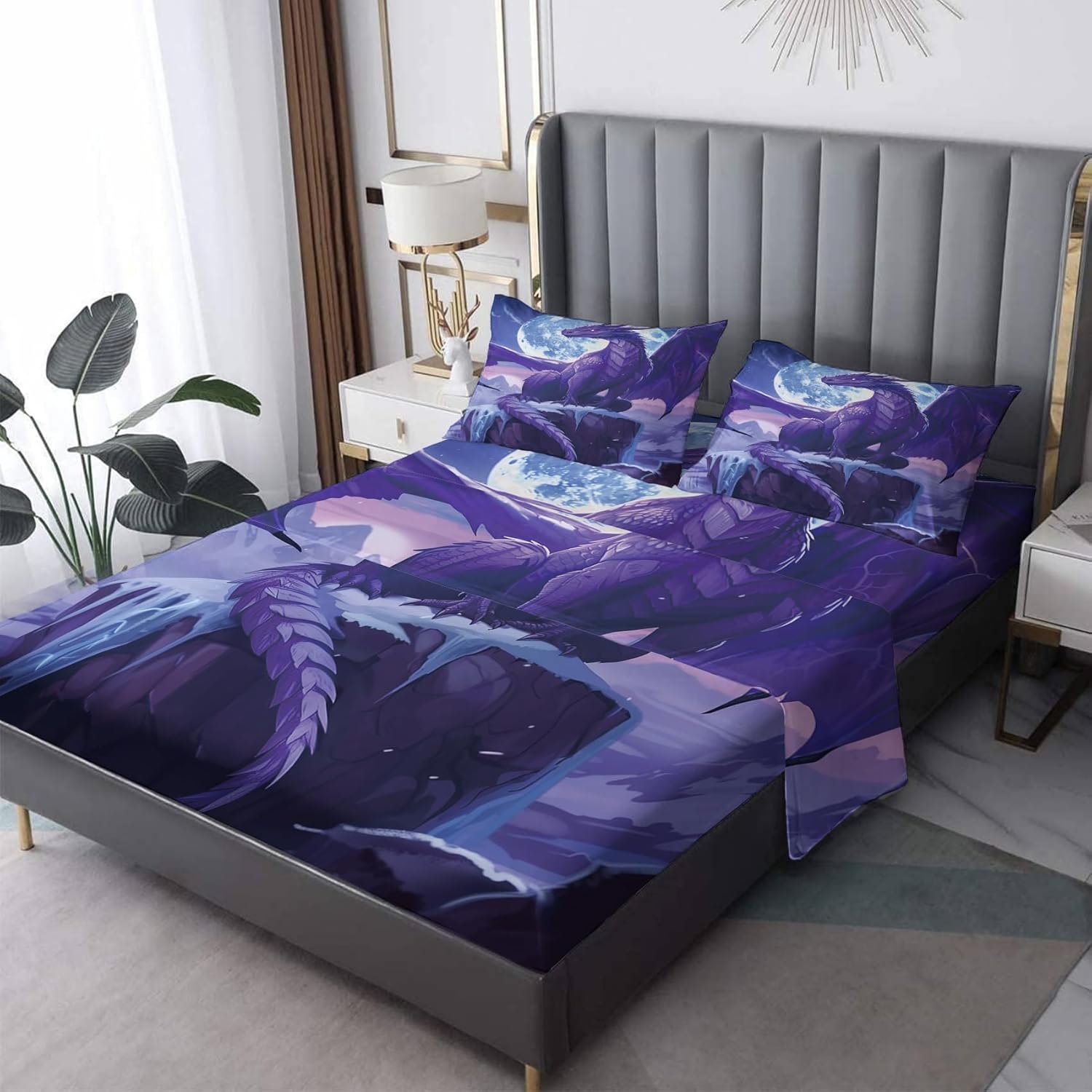 Purple Dragon Sheets Queen Sheet Set, Fantasy Bed Sheets, Mythical Dragon Bedding Bedroom Decor, Soft Microfiber Deep Pocket Fitted Sheet & Flat Sheet & 2 Pillowcases
