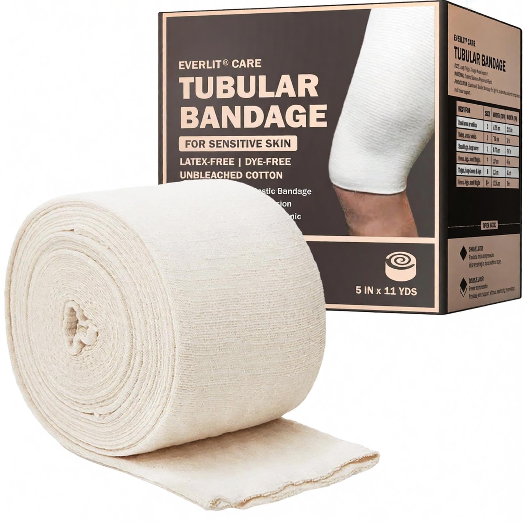 EVERLIT 560D Cotton Blend Elasticated Tubular Support Bandage | Latex-Free, Extra-Thick Breathable Stockinette for Arm, Knees, Legs | Moderate to High Compression for Sensitive Skin | 5" x 11 yd