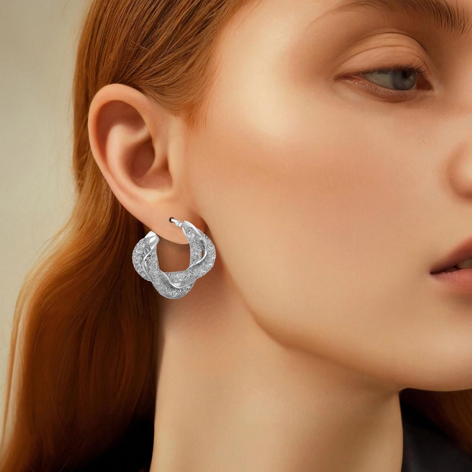 14K Gold Plated 25–33mm Mesh Hoop Earrings for Women, Cubic Zirconia, 925 Sterling Silver Post, Hypoallergenic Jewelry - Image 8