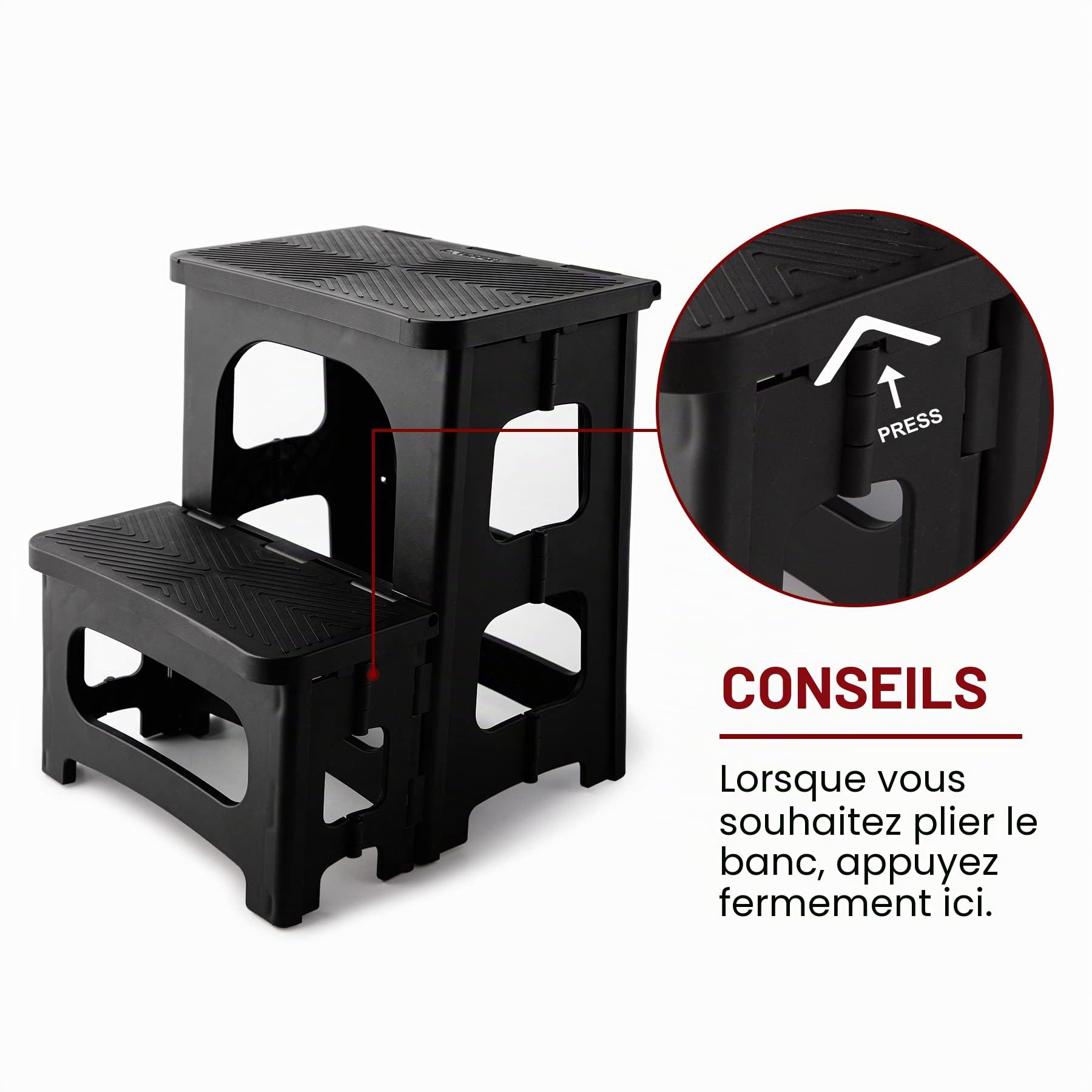 HuaCan Marchepied pliable antidérapant et pliable à 2 niveaux,Avec poignée de transport,Charge maximale : 136 kg,Pour adultes et enfants dans la cuisine, la maison et le bureau