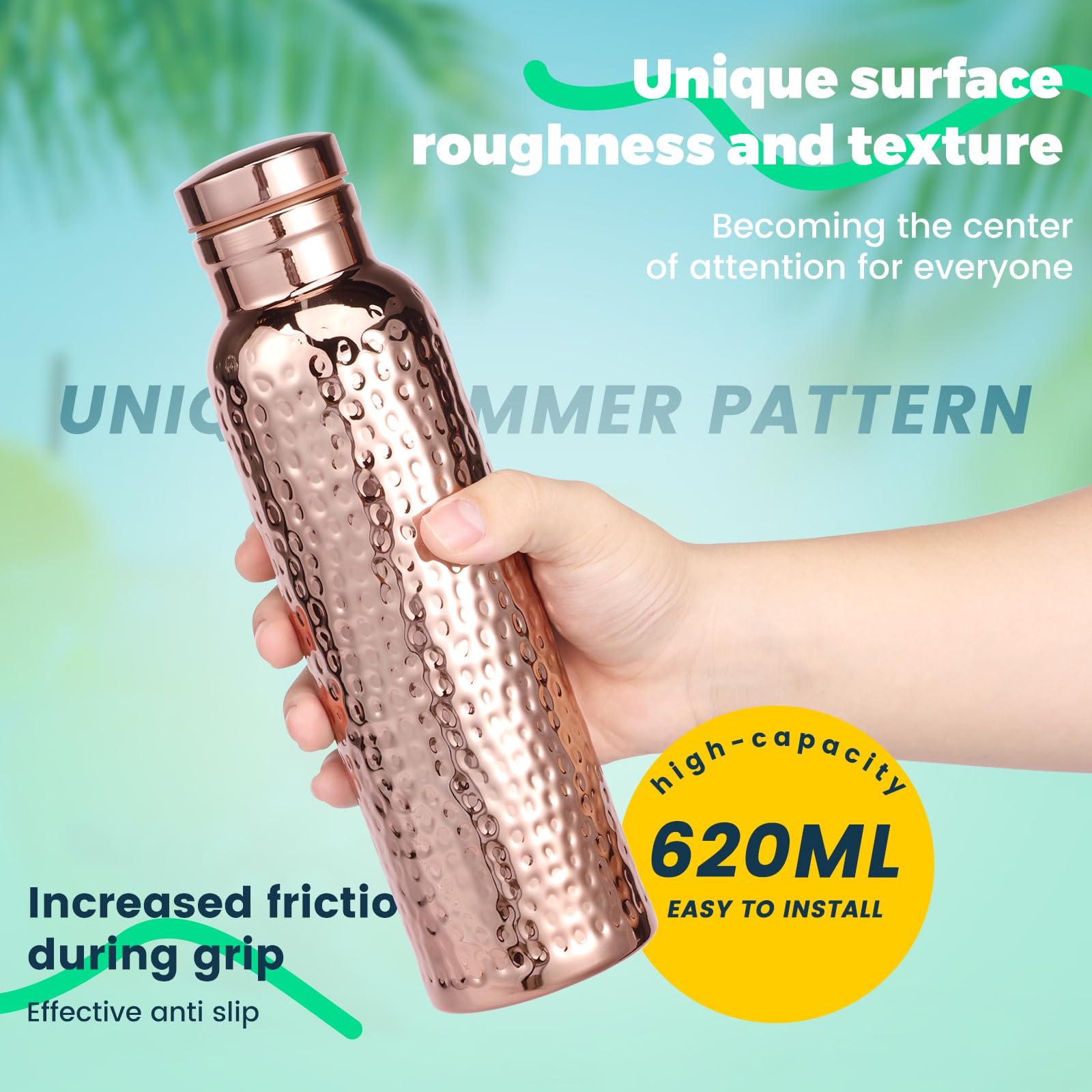 HJJWNDDNG Copper Water Bottle 620ml Water Vessel Double Layer Hammered Bottle with Cleaning Brush Leakproof and Portable Waters Bottles for Home Travels (Cup + Cup Brush)