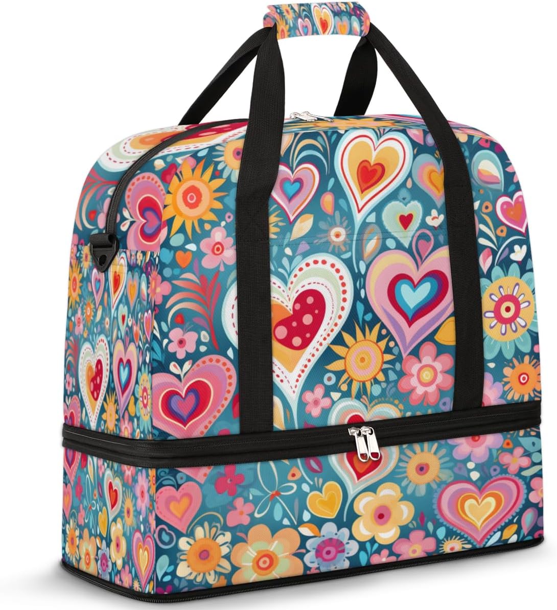 QsirBC Love Theme Decor Gym Bag for Women Duffle Tote with Shoes Compartment Men Weekender Duffel for Dance Travel Sports Swimming Overnight