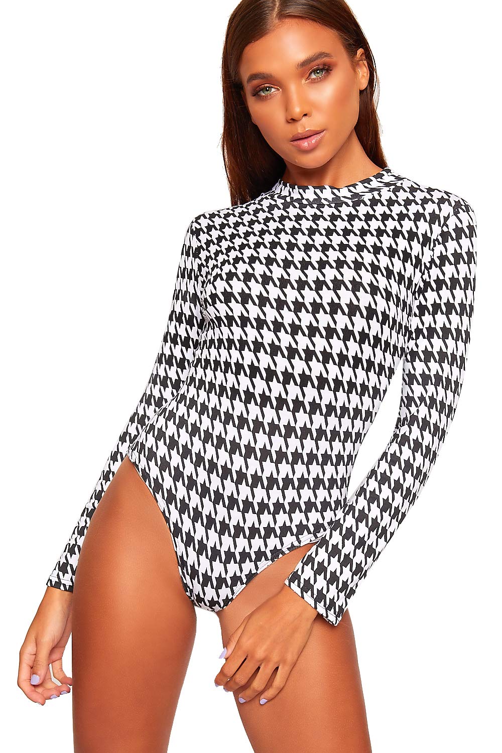 Wearall Women's Houndstooth Turtleneck Long Sleeve Animal Camo Tartan Print Bodysuit Leotard - 8-10