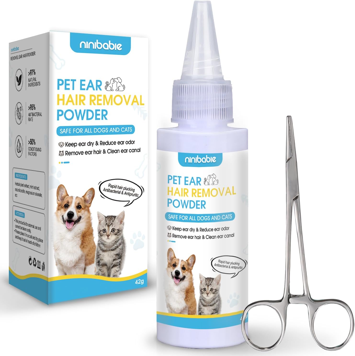 Dog Ear Care Kit - Professional Ear Powder for Hair Removal (42g) with Grooming Hemostat - Effective Solution for Smelly Ears, Wax Buildup