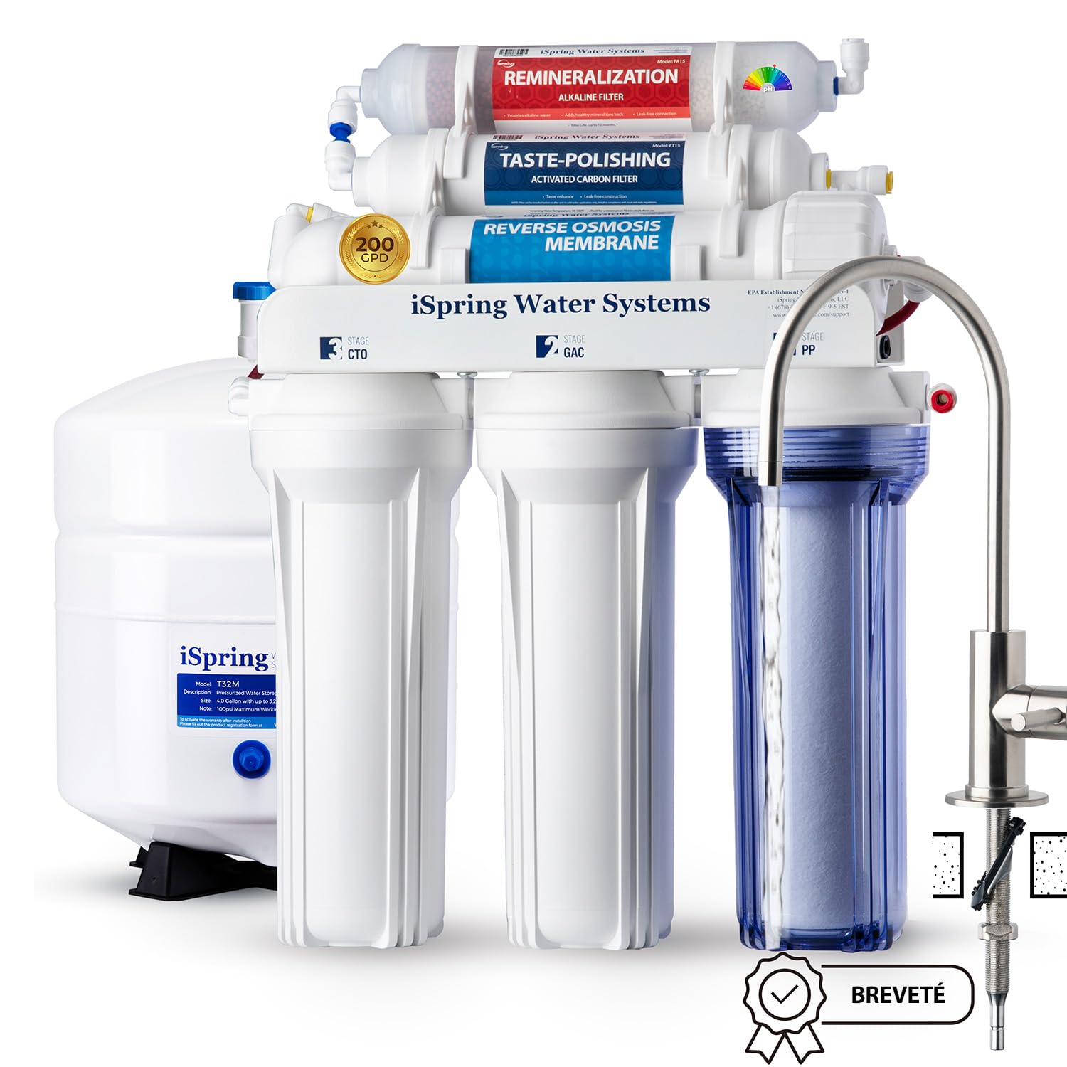 iSpring RCC2AK Osmose Inverse Domestique 6 Étapes 200GPD Filtre Alcalin pH+ | Capacité 200 GPD, sous Évier, Filtre de Reminéralisation Alcaline, Robinet Breveté pour Installation Facile