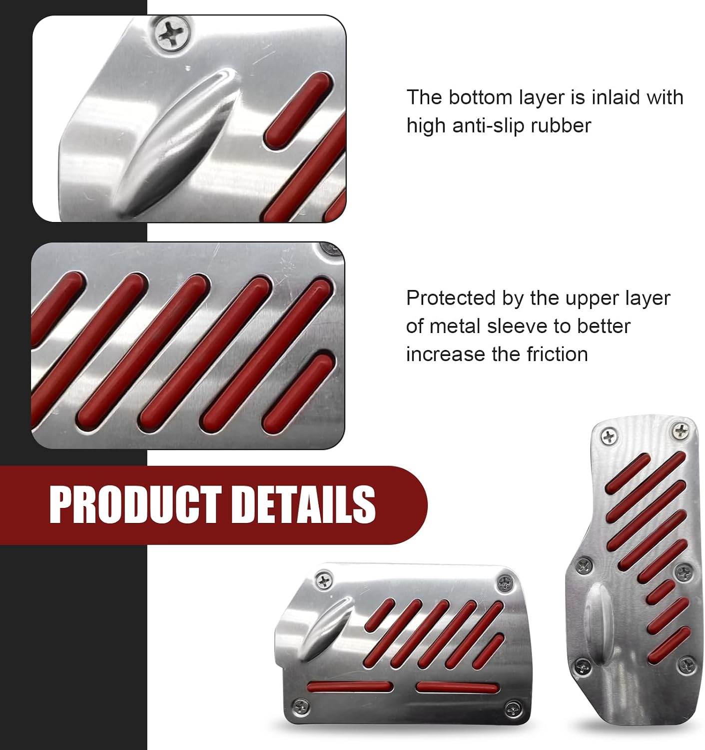 2 PCS Car Automatic Transmission Accelerator Brake Pedal Cover Set, 5.5" x 2.4" + 2.9" x 4.9" Non-Slip PVC Rubber Foot Pedal, Alloy Anti-Rust Sports Decoration, Universal for Cars (Red)