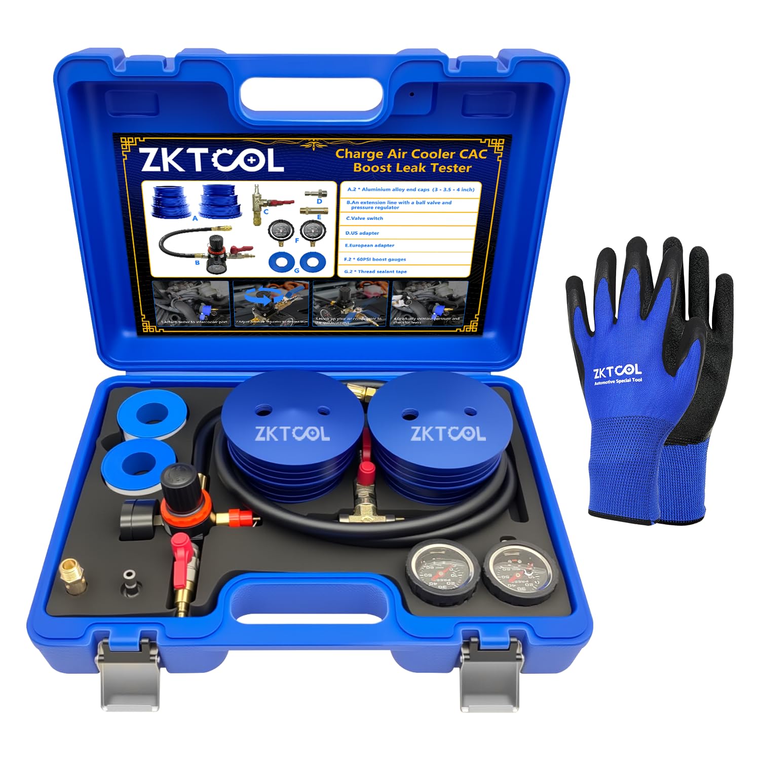 ZKTOOL Charge Air Cooler CAC Boost Leak Tester with 4" 3.5" 3" Billet End Caps, Aluminum CAC Pressure Tester with 150 psi Regulator Extension Line US