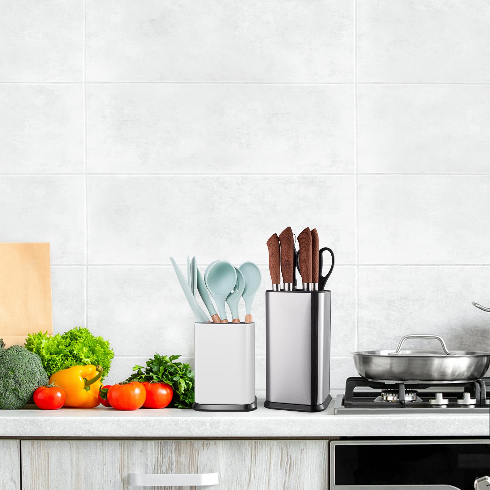 RedCall Portautensili da cucina in acciaio inox per piano di lavoro, organizer per spatole e cucchiai, moderno, rettangolare, grande, per utensili da cucina (acciaio inossidabile bianco