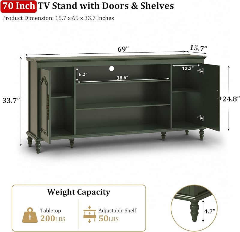 Modern Farmhouse TV Stand, 70" Media Console with Doors & Shelves, Green image 2